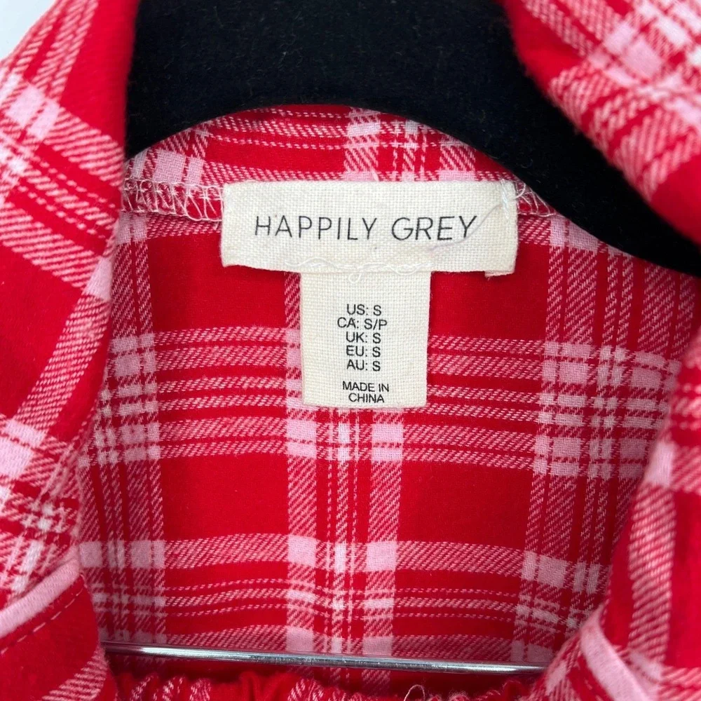 Happily Grey Red Plaid Flannel‎ Pajama Set Dog Embroidered Sleepwear Small EUC